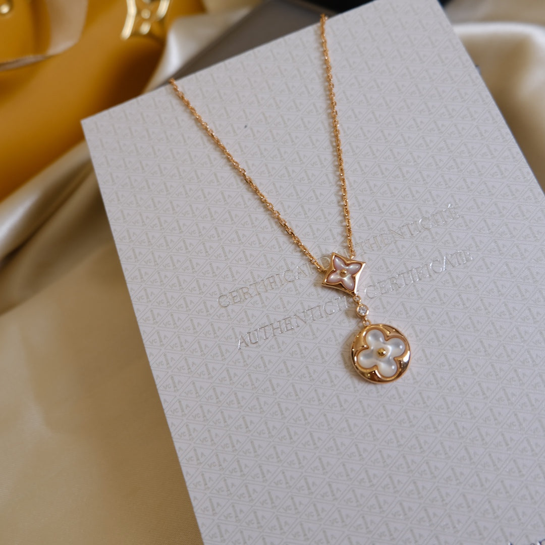 [Kincade Jewelery]STAR AND SUN WHITE MOP 2 MOTIF PINK GOLD NECKLACE