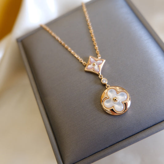 [Kincade Jewelery]STAR AND SUN WHITE MOP 2 MOTIF PINK GOLD NECKLACE
