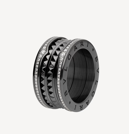 [Kincade Jewelery]ZERO 1 ROCK FOUR-BAND BLACK CERAMIC WITH STUDDED SPIRAL AND PAVED DIAMONDS RING
